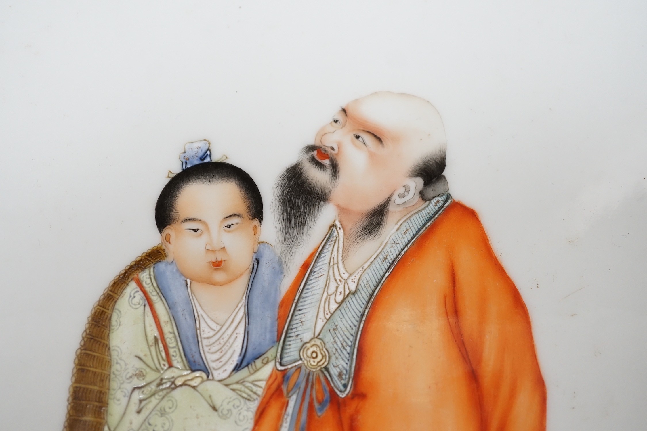 A Chinese framed famille rose plaque of 2 scholars, 47 x 32cm including frame